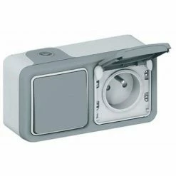LEGRAND PLEXO 2-WEGE-SCHALTER UND STECKDOSE 2P+E KOMPLETT WASSERDICHT GRAU IP55